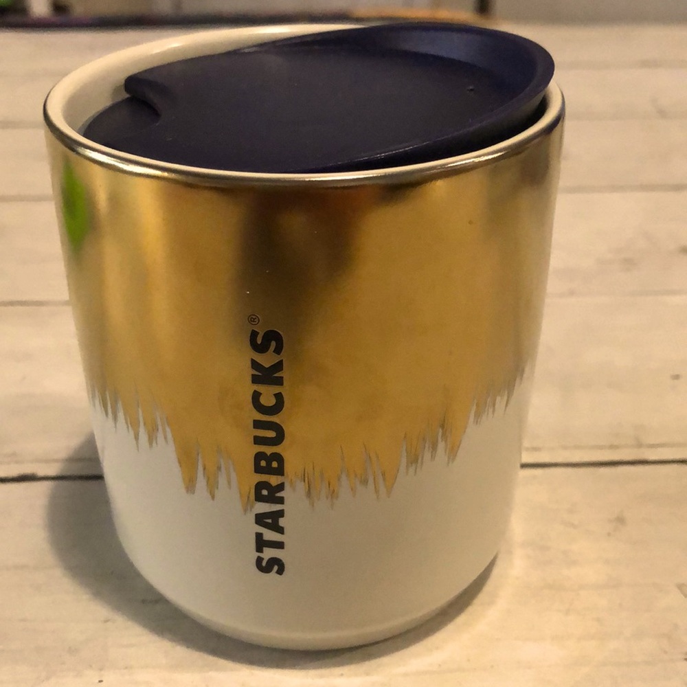 Starbucks Coffee Mug with Lid 8 oz Gold and Cream Rare